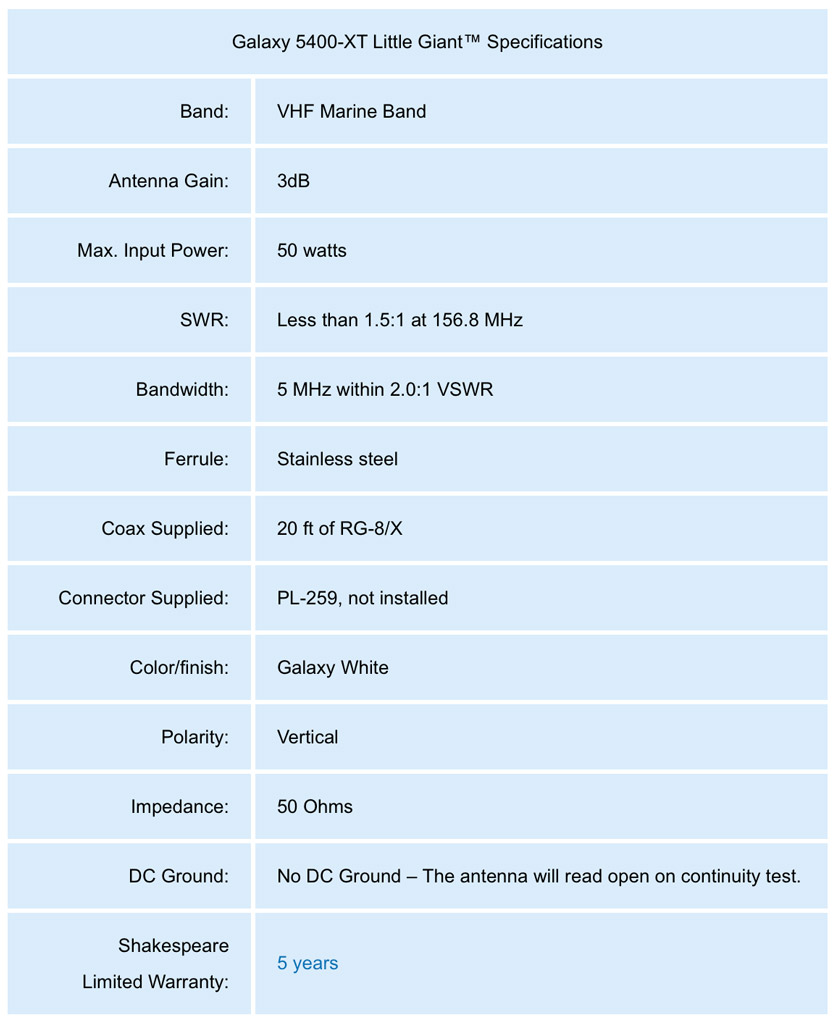 Antena VHF shakespeare 5400 xt especificaciones