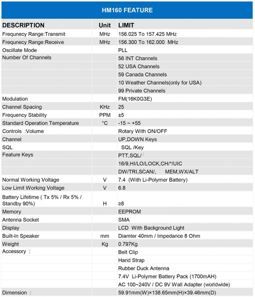 Especificaciones-Himunication-HM160 VHF portátil